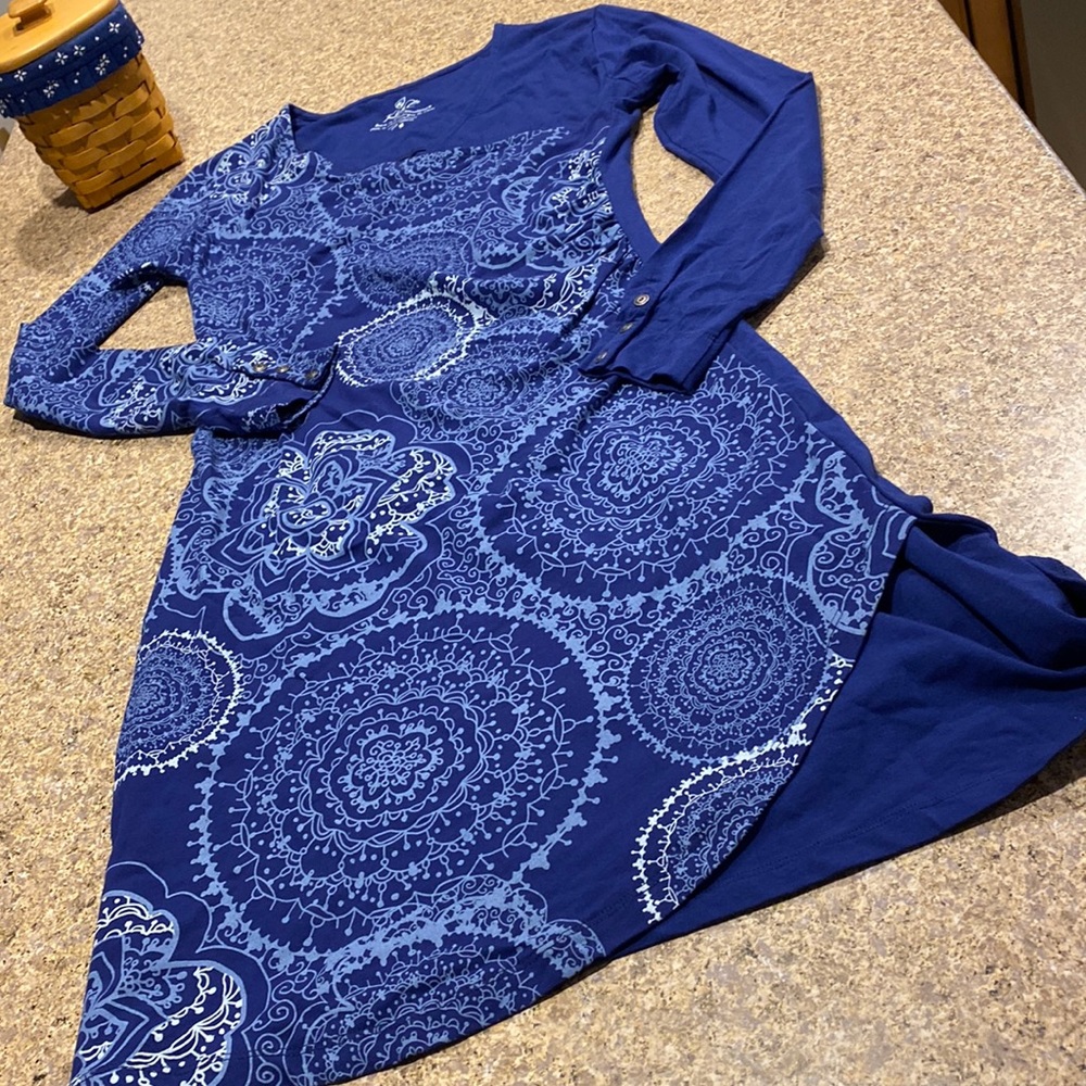 Kuhl Long Sleeve Faux Wrap Dress Medium Possibly Blue and White
